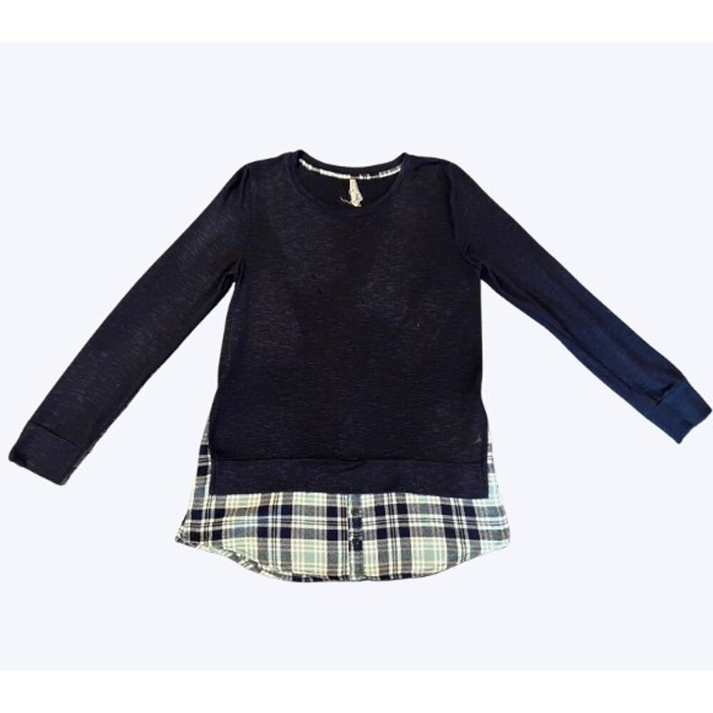 WallFlower Women's Made with Love Knit Sweater Plaid Size Medium Navy